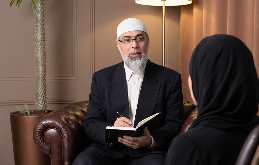 Imam Ayman Al-Taher taking notes during a private counselling session with a client in hijab