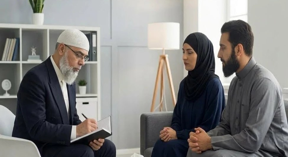 Imam Ayman Al-Taher in an Islamic marriage counselling session with a Muslim couple at Al Iman Family Services