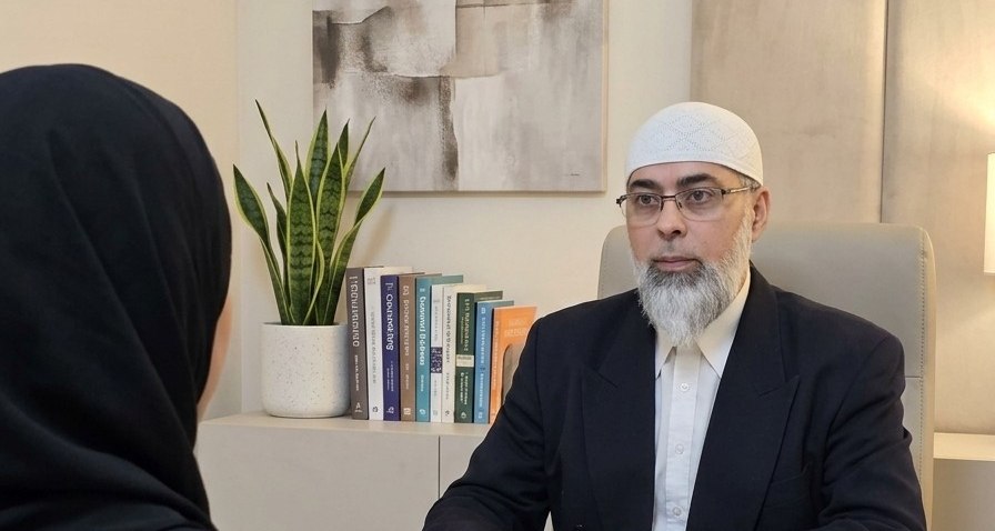 Imam Ayman Al-Taher, RP, listening to a client in hijab during an Islamic counselling session at Al Iman Family Services, Mississauga